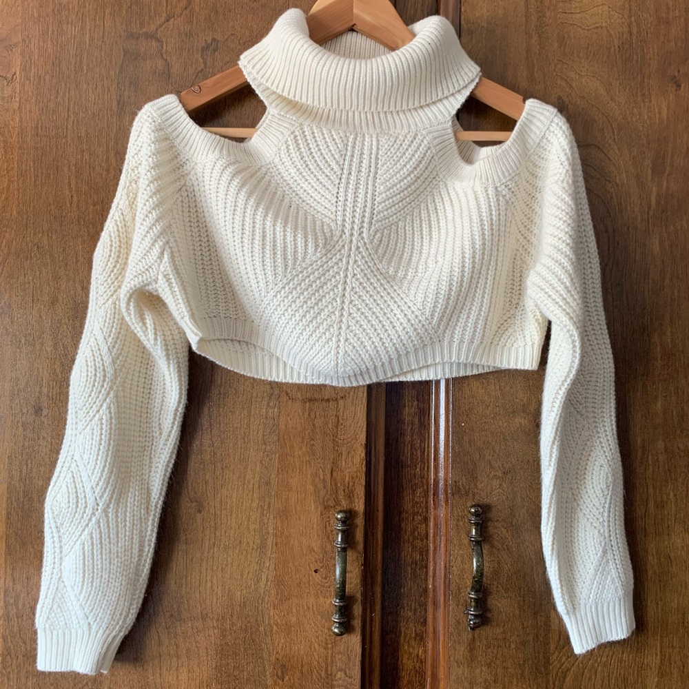 Turtleneck Cold-Shoulder Cropped Sweater
